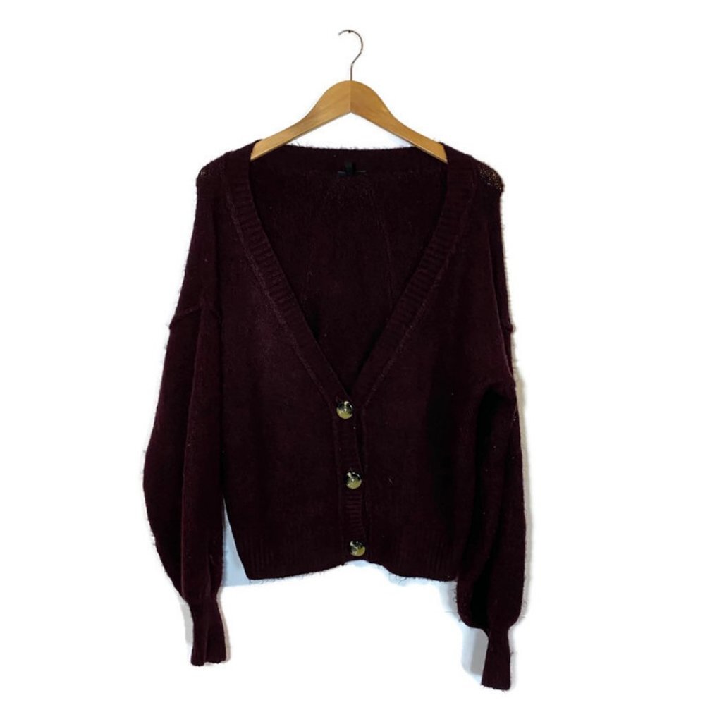 Topshop Women's 8 Med Cardigan Button V-Neck Knit Balloon Sleeve Marled Burgundy